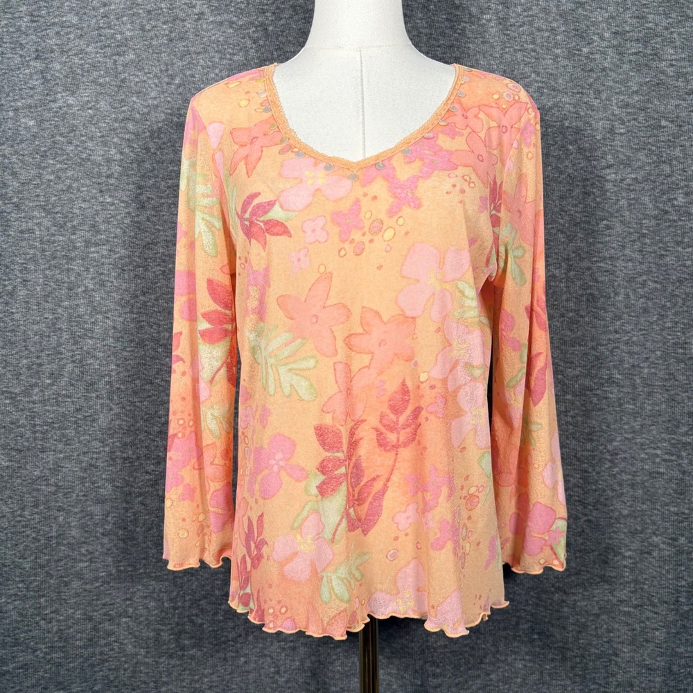 J. Jill Floral Sheer Mesh V-Neck Sequin Lace Trim Top Womens Medium Orange Pink